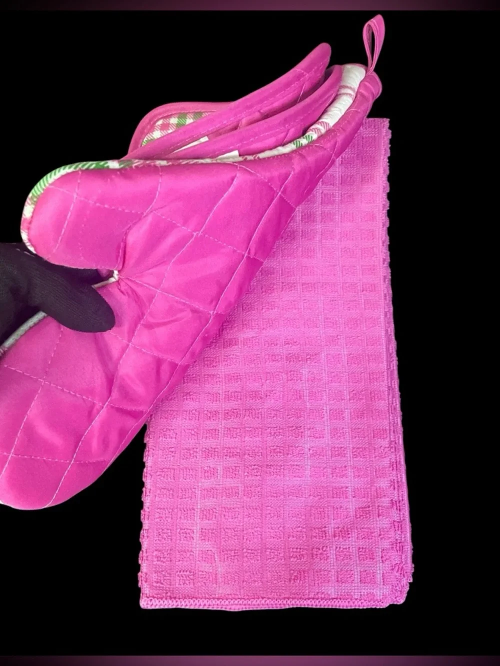 5pc Plaid Kitchen Set Mitt Potholders Towels White Pink Green Summer NEW NWT